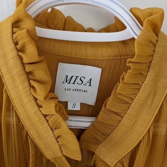 MISA Los Angeles ruffled collar puff sleeves mustard yellow viscose blouse Small - Picture 5 of 11